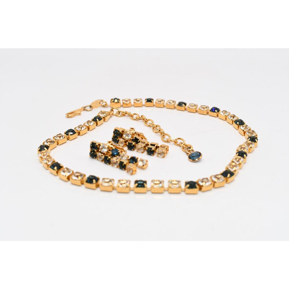 Vintage Crown Trifari Blue Clear Rhinestone Necklace Earring Set